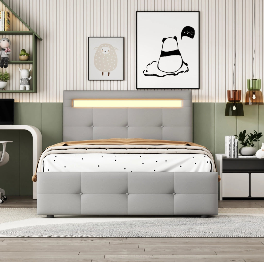 Letto singolo 90x200 cm imbottito con LED; 2 cassetti e rete a doghe; grigio