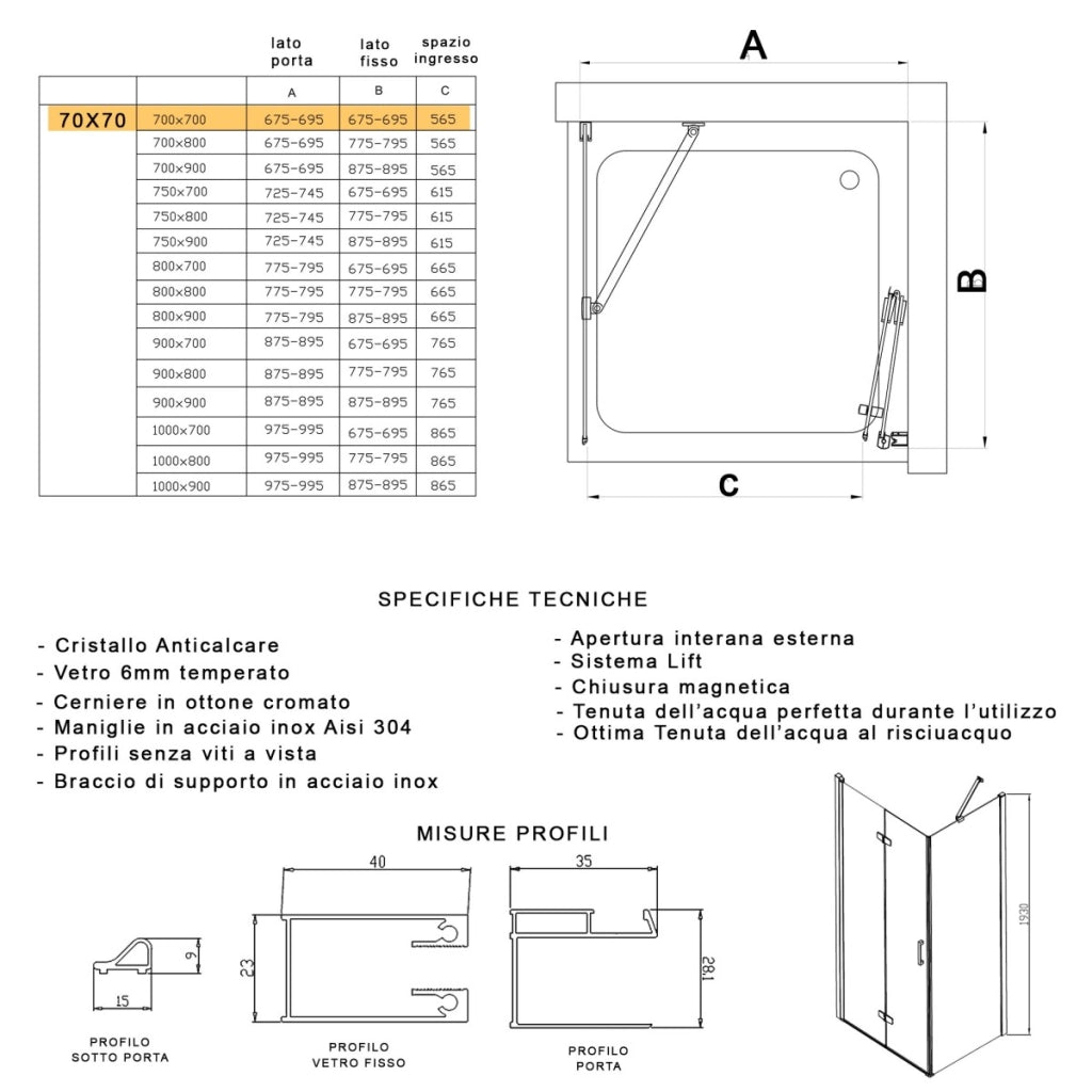 Porta doccia 2 lati porta pieghevole e lato fisso h195cm 6mm rea, misura 70x70