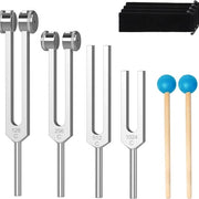Set di attacco - Gli attacchi sono ideali per la guarigione, i chakra, la terapia del suono e il mantenimento di una perfetta armonia di spirito, corpo e anima - Argento 128+256+512+1024Hz+set di sacchetti*3+martello blu*2