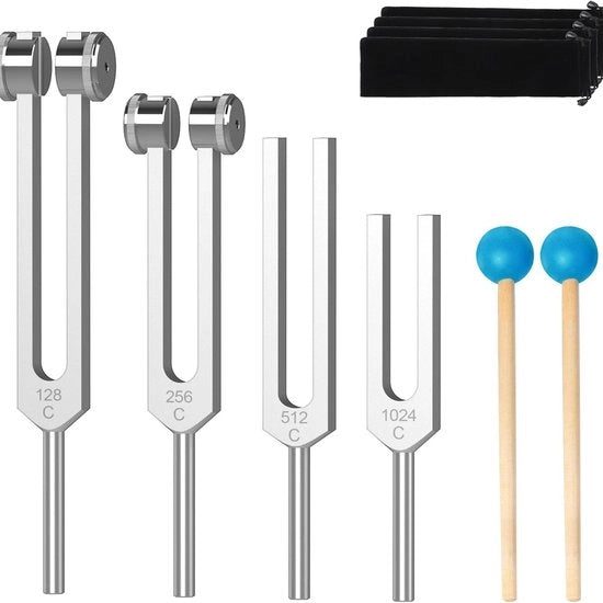 Set di attacco - Gli attacchi sono ideali per la guarigione, i chakra, la terapia del suono e il mantenimento di una perfetta armonia di spirito, corpo e anima - Argento 128+256+512+1024Hz+set di sacchetti*3+martello blu*2