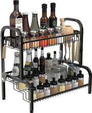 Organizzatore per cucina a due livelli, grande spazio, 42 x 26 x 41 cm, 8 ganci, supporto per spezie nero