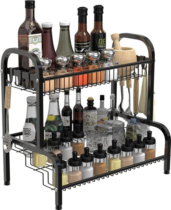Organizzatore per cucina a due livelli, grande spazio, 42 x 26 x 41 cm, 8 ganci, supporto per spezie nero