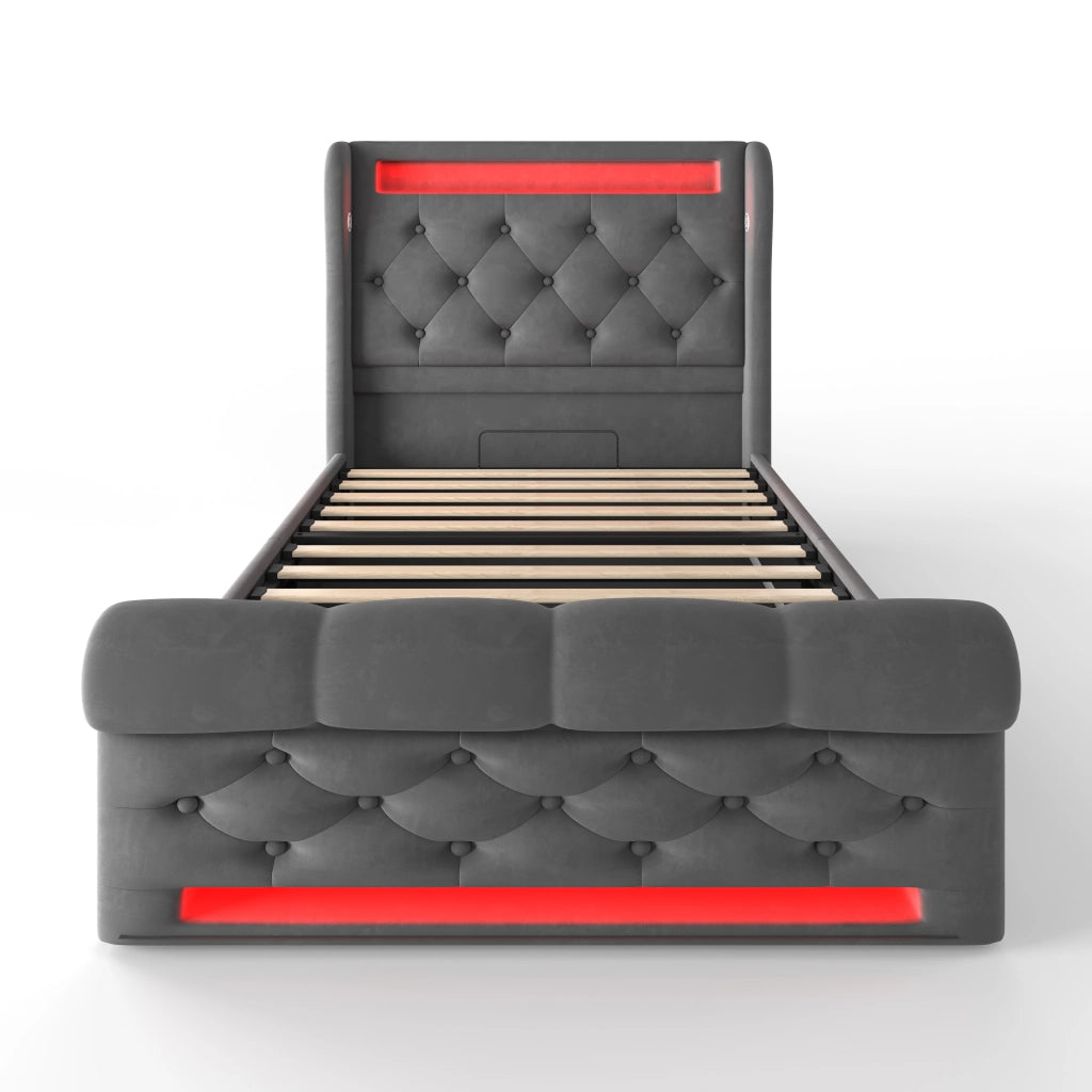 Letto Singolo 90x200 Imbottito in Velluto Grigio con Contenitore Idraulico; Luci LED e Prese USB/Type-C