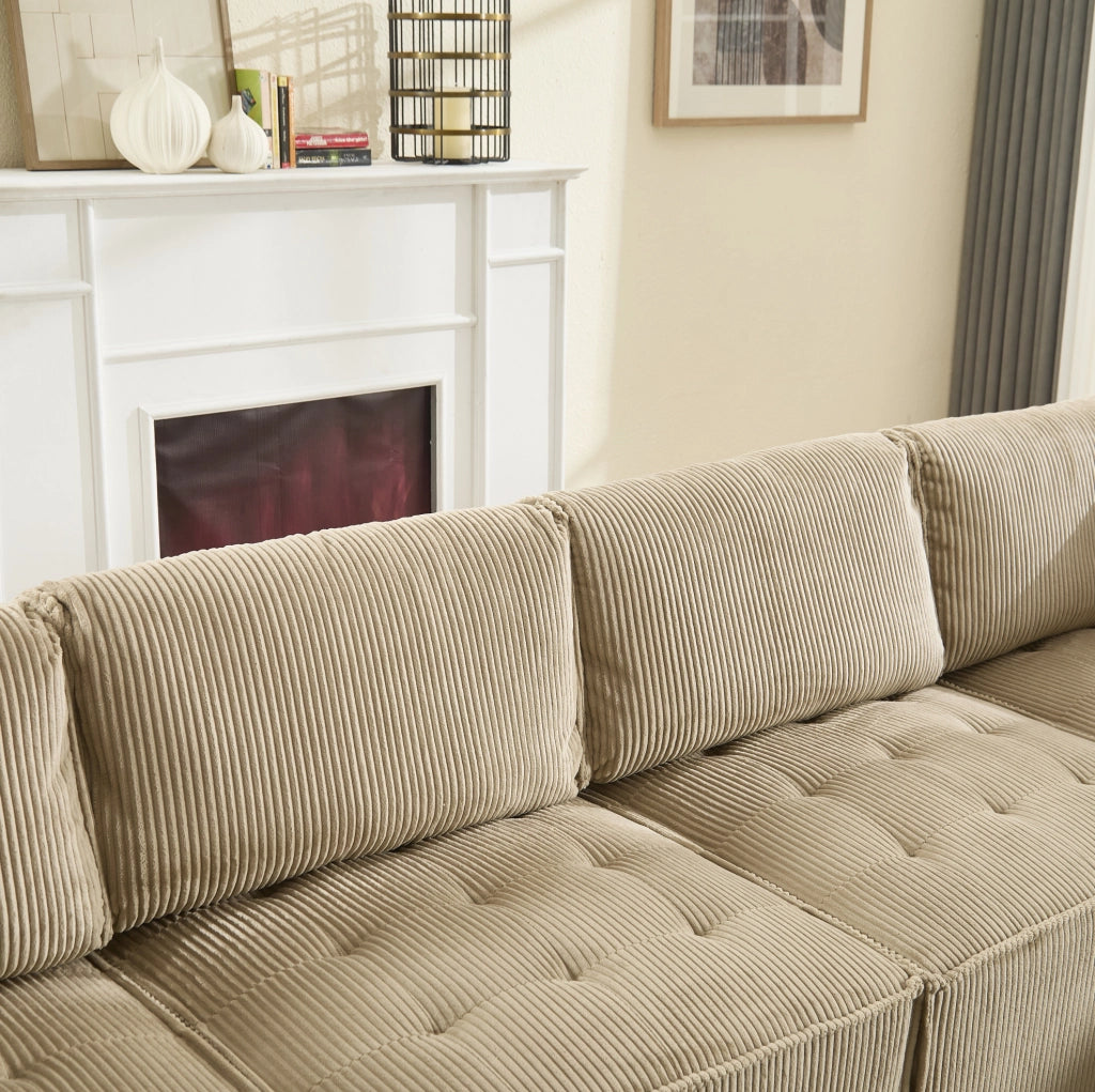 Divano modulare 6 posti in corduroy; configurazione U/L e funzione letto; khaki