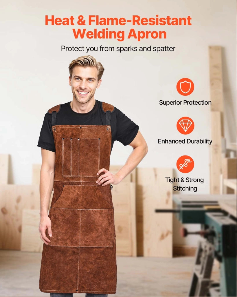 AP-6100 Grembiule da Lavoro e Saldatura in Pelle Bovina Marrone con 6 Tasche Portautensili Robusto per Fai da Te e Officina 610x914 mm