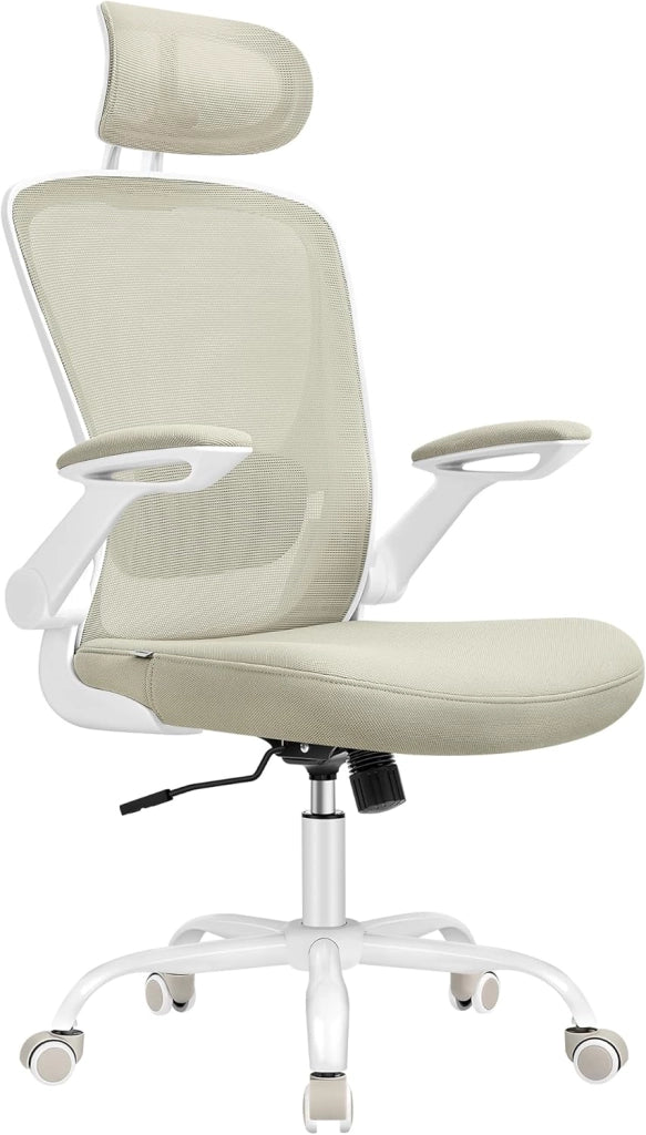 SONGMICS Sedia da Ufficio Girevole, Sedia di Rete da Computer Ergonomica, Supporto Lombare, Oscillante, Seduta 53 cm, Braccioli Pieghevoli, Bianco e Nero OBN37WT