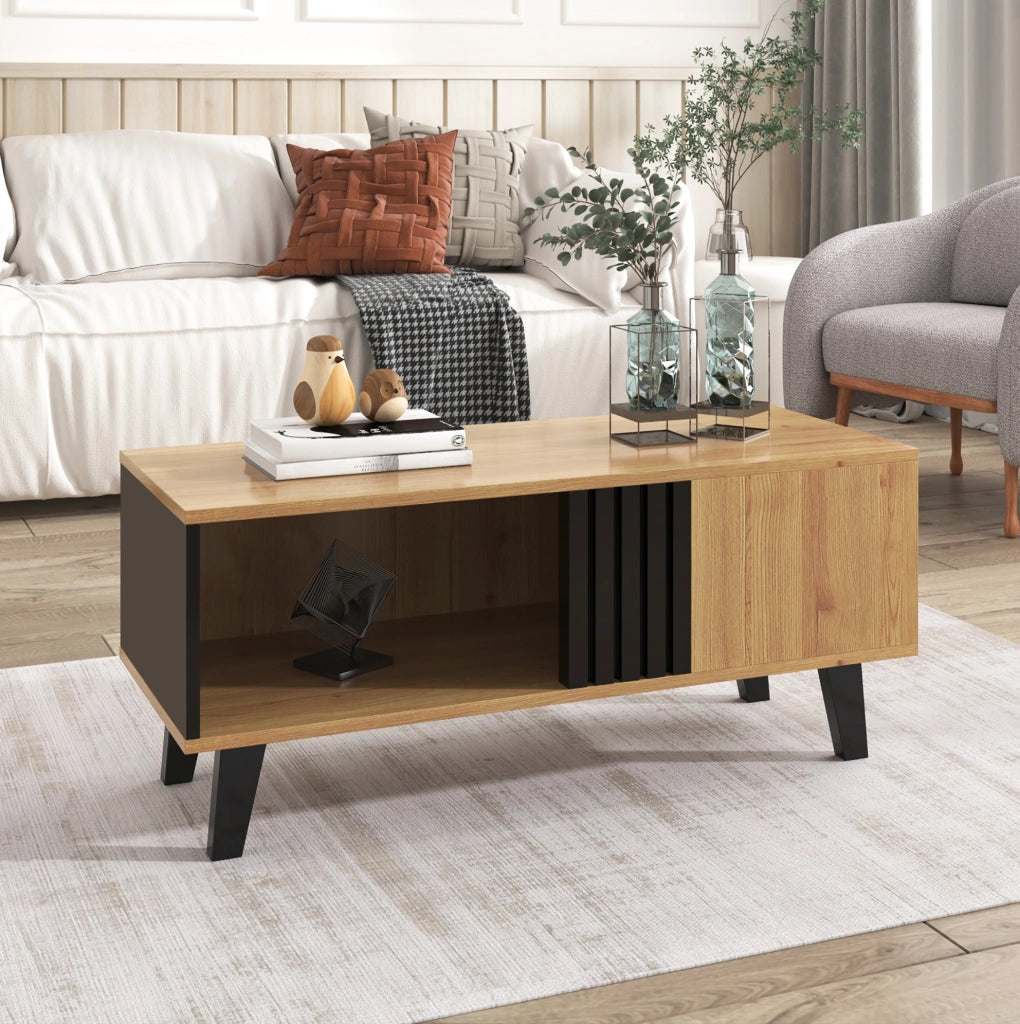 Tavolino da caffè 100x60x45 cm nero e legno con vani