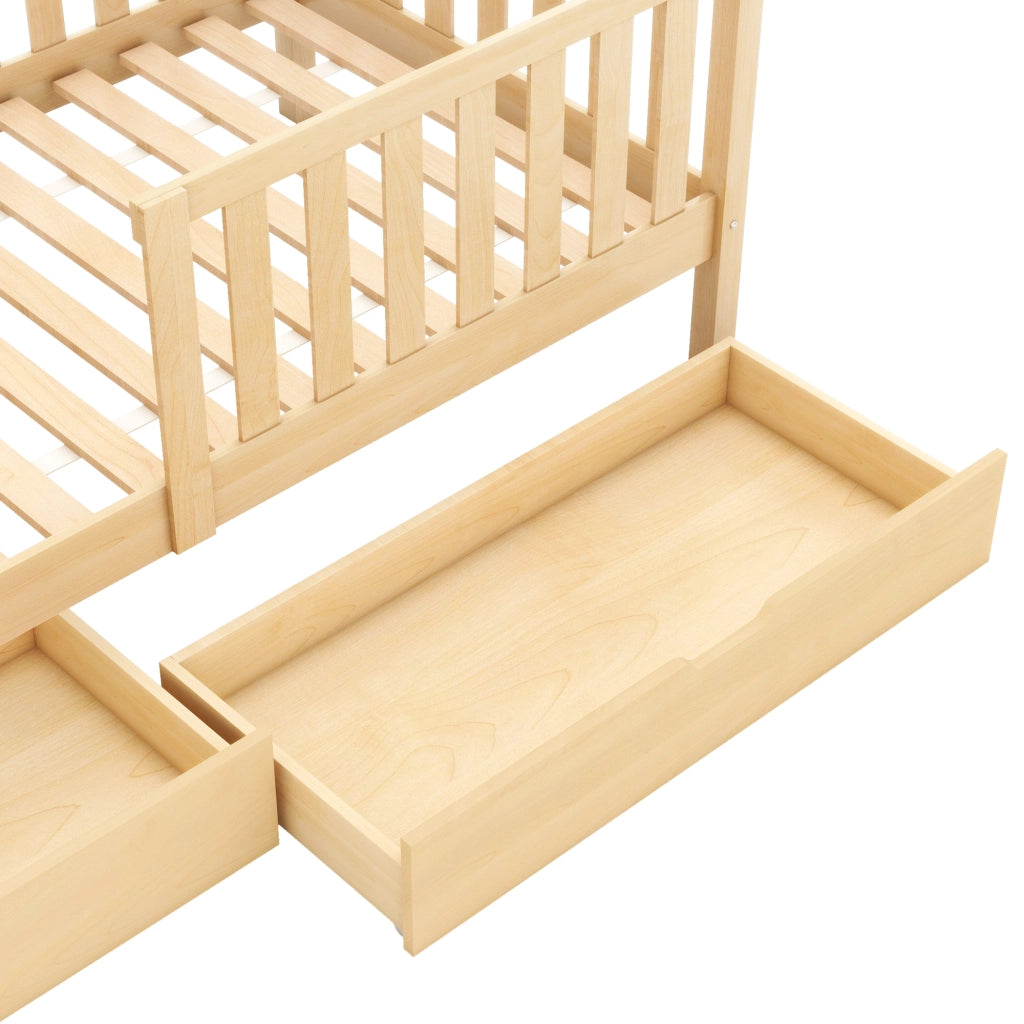 Letto Casetta Singolo 90x200 cm; con Cassetti; Mensola e Sponda in Legno Naturale
