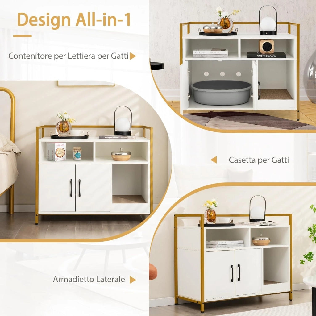 Mobile per Lettiera Gatti con Ripiani Aperti e Ripiani Chiusi con Maniglie, Mobiletto Multiuso in Legno e Metallo, Ideale per Ingresso e Soggiorno, Portata 50 kg (Bianco)
