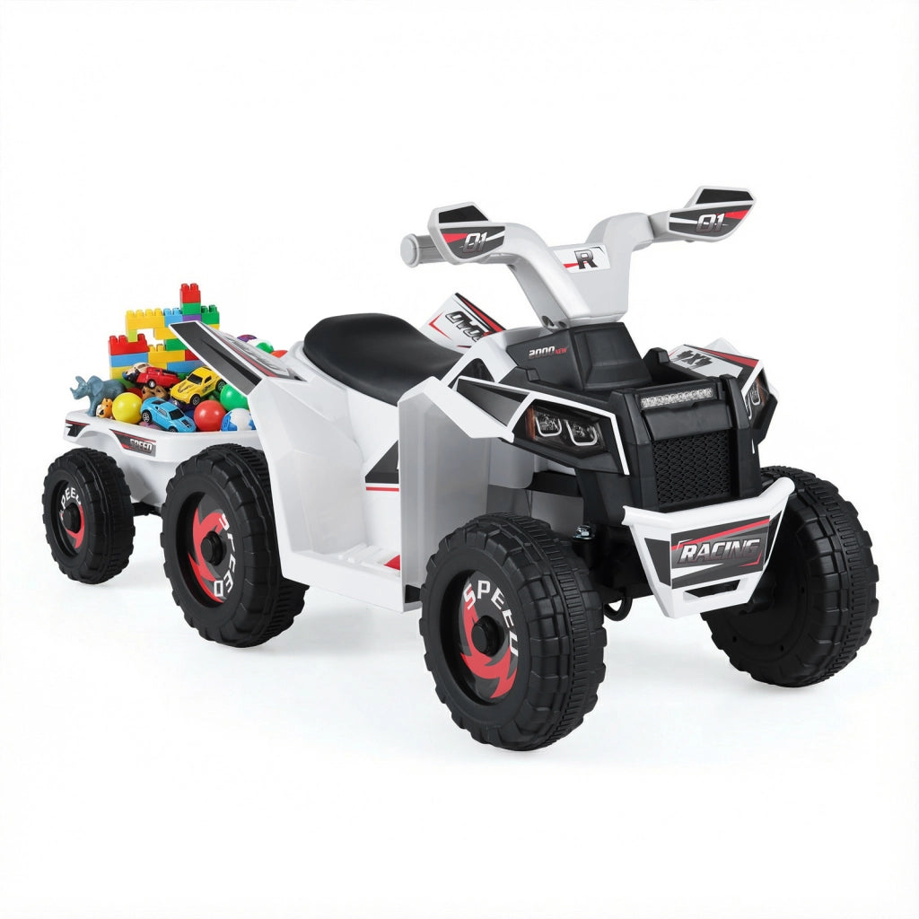 Quad atv elettrico bambini rimorchio posteriore ruote antiusura motore-Quad giocattolo interruttore un tocco veicolo per bambini 3+ anni Bianco