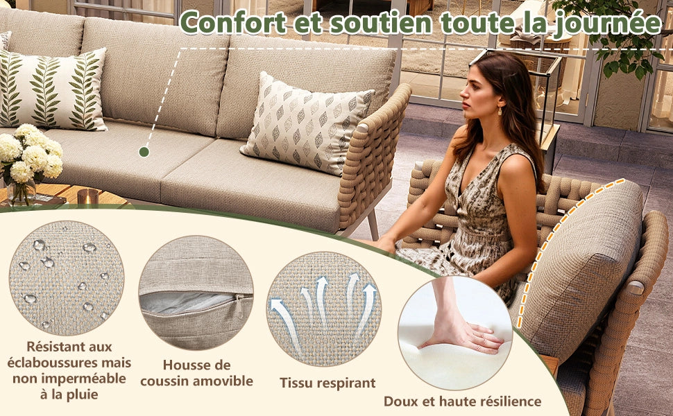 Set Divano da Giardino ad L 6 Posti con Cuscini e Tavolino ¨C Xylo ¨C Polyrattan/Ferro, Grigio/Beige