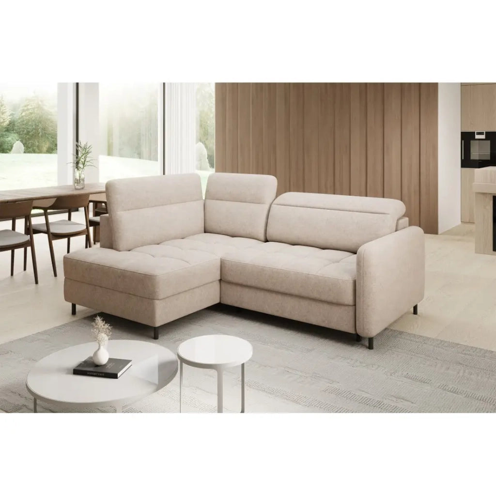 Divano ad angolo sinistro convertibile BARNEA 208 cm crema con contenitore