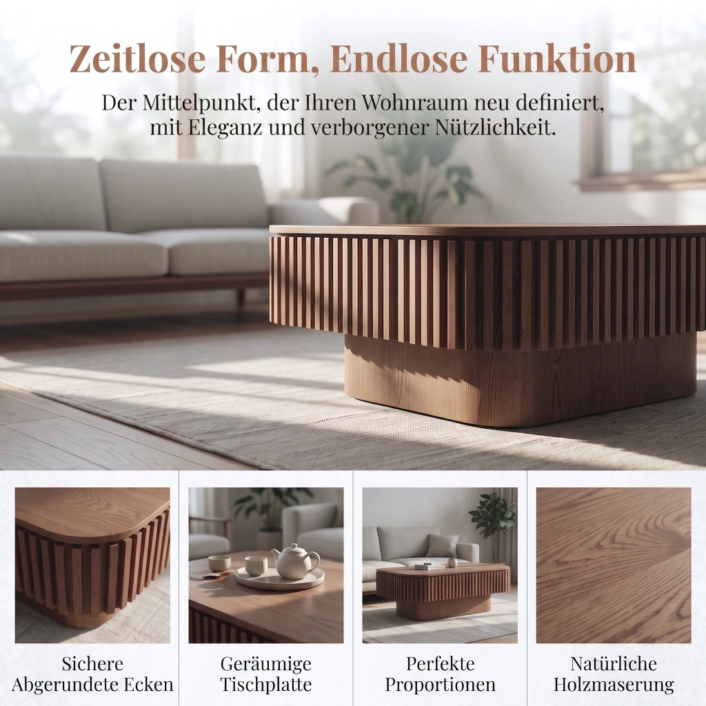 Tavolino basso con contenitore nascosto e coperchio removibile in legno e MDF colore noce