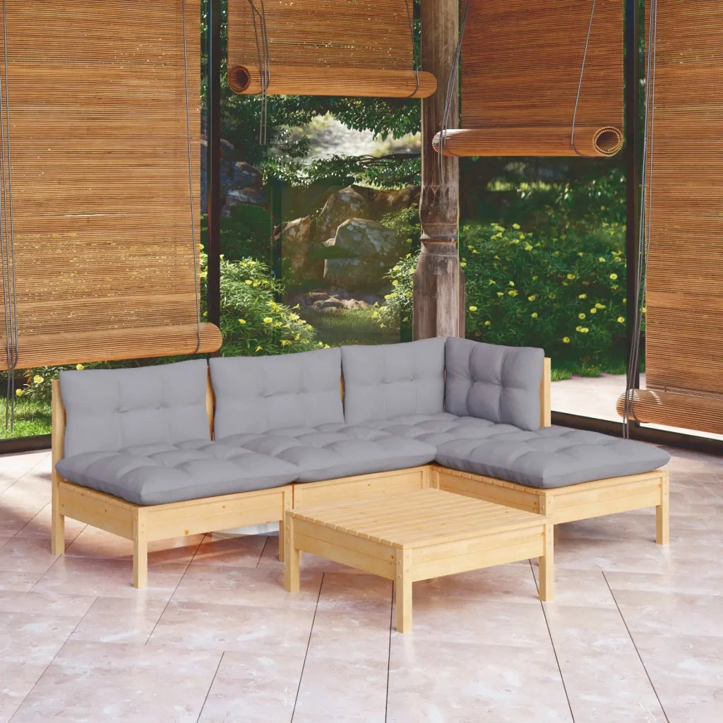 Set Divani da Giardino 5 pz con Cuscini Grigi Massello di Pino cod mxl 71831