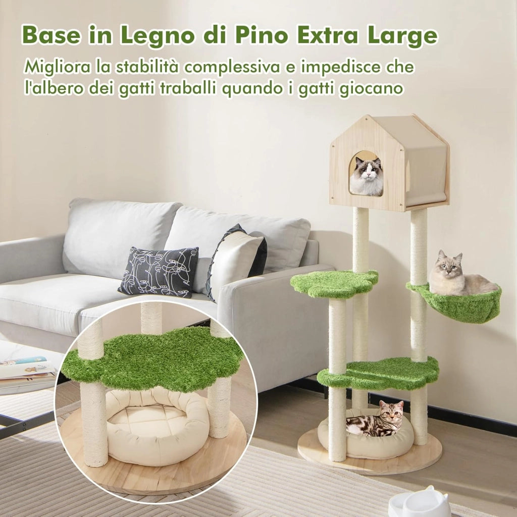 Albero Tiragraffi per Gatti 139 cm, Torre Multi-livello in Legno con Tiragraffi in Sisal, Piattaforme di Salto, Trespolo e Amaca, Centro di Attività per Gatti, Verde