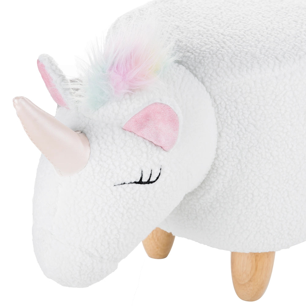 Sgabello per bambini Unicorno animale Tessuto in poliestere bianco Gambe in legno imbottite Poggiapiedi per scuola materna