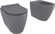 Coppia Sanitari Rimless Filomuro Vaso WC Filo Parete Tornado Flush Senza Brida Bidet Design Moderno Ceramica Copriwater Soft Close Grigio Opaco