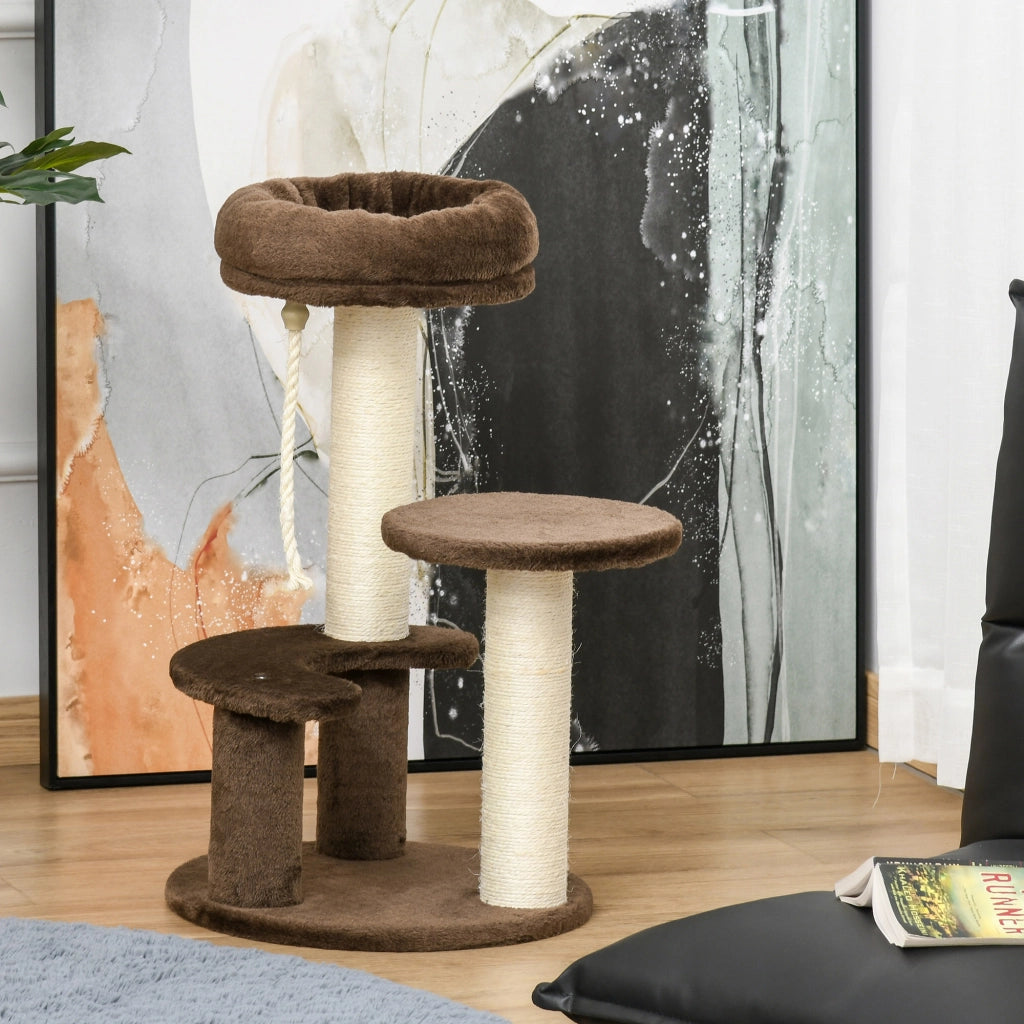 Albero Tiragraffi per Gatti a 3 Livelli con Lettino in Peluche e Pali in Sisal, ?40x65 cm, Marrone