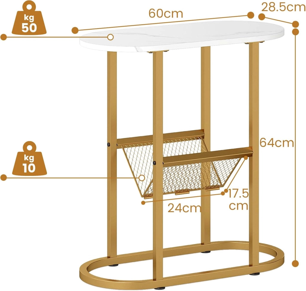 Tavolino con 2 ripiani, comodino piccolo con ripiano, struttura in metallo, 60 x 28,5 x 64 cm, tavolino laterale compatto per soggiorno e camera da letto (bianco)