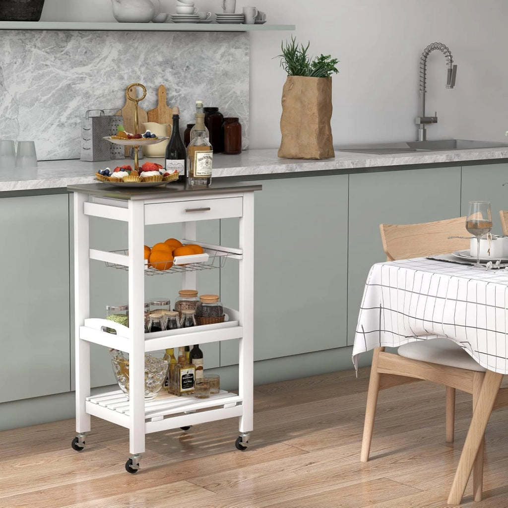 Carrello da Cucina a Rotelle con Mensole, Cassetto, Carrello di Servizio, Stile Moderno per Cucina e Soggiorno, 47x39x85 cm, Bianco/Nero (Bianco)