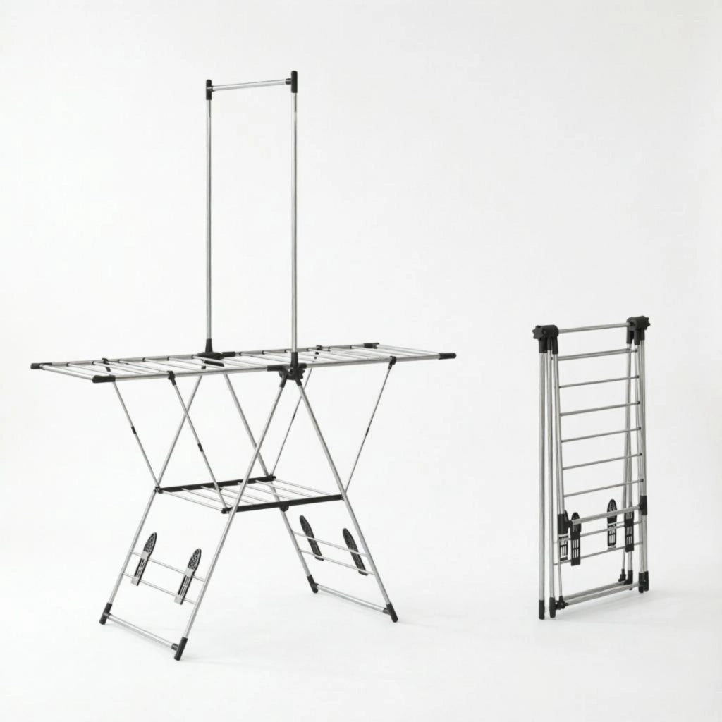 Stendibiancheria pieghevole in acciaio inox con ali regolabili a 5 posizioni e 4 supporti per scarpe.