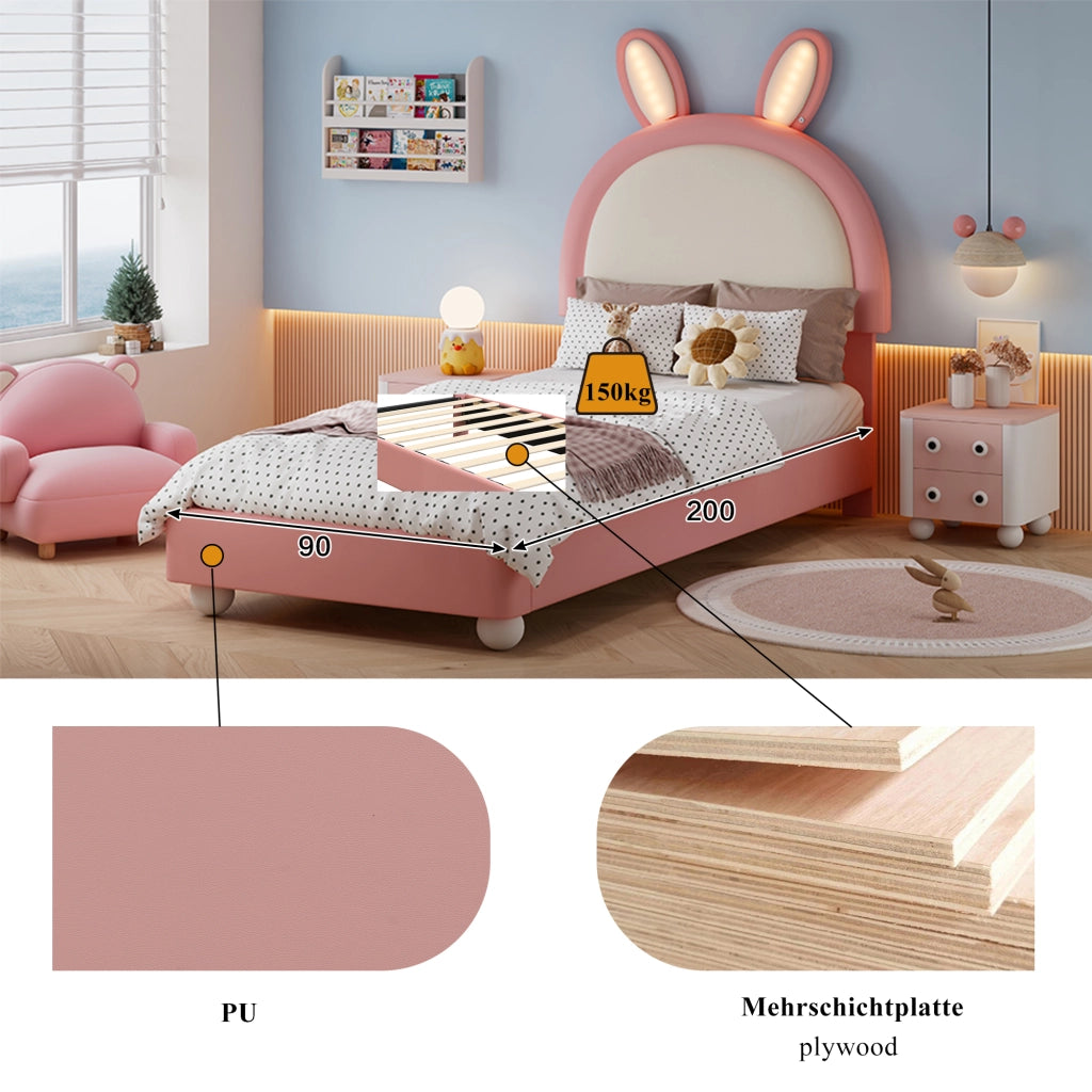 Letto per bambini 90 × 200 cm con testiera a coniglio, LED, bordo anticolpo morbido, senza materasso, rosa