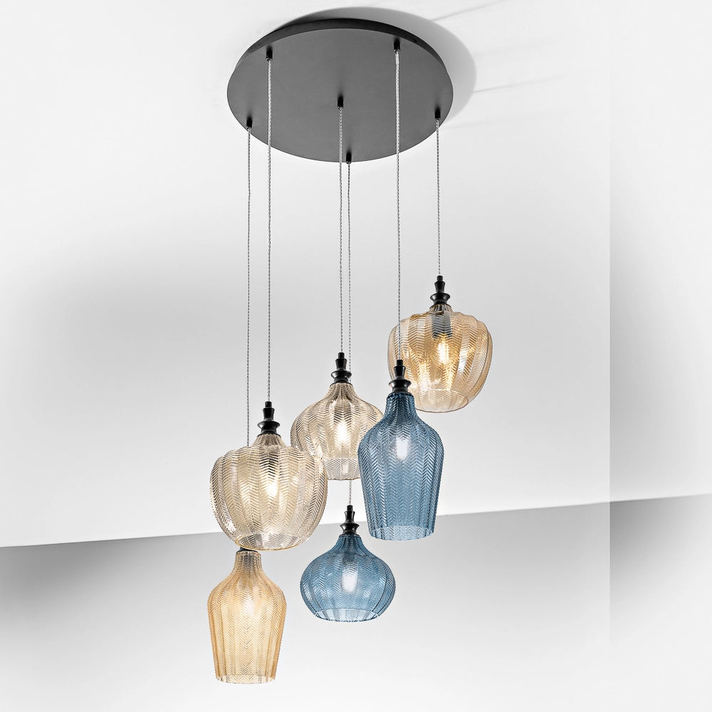 Cleofe - Lampadario a sospensione 6 luci con vetri ambra, ocra e cobalto - 6XE27 max 6X60W, design moderno elegante, IP20