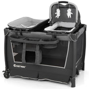 Lettino viaggio 5 in 1 pieghevole culla removibile fasciatoio materasso-Box bambini ripiano portaoggetti ruote bloccabili neonati Grigio