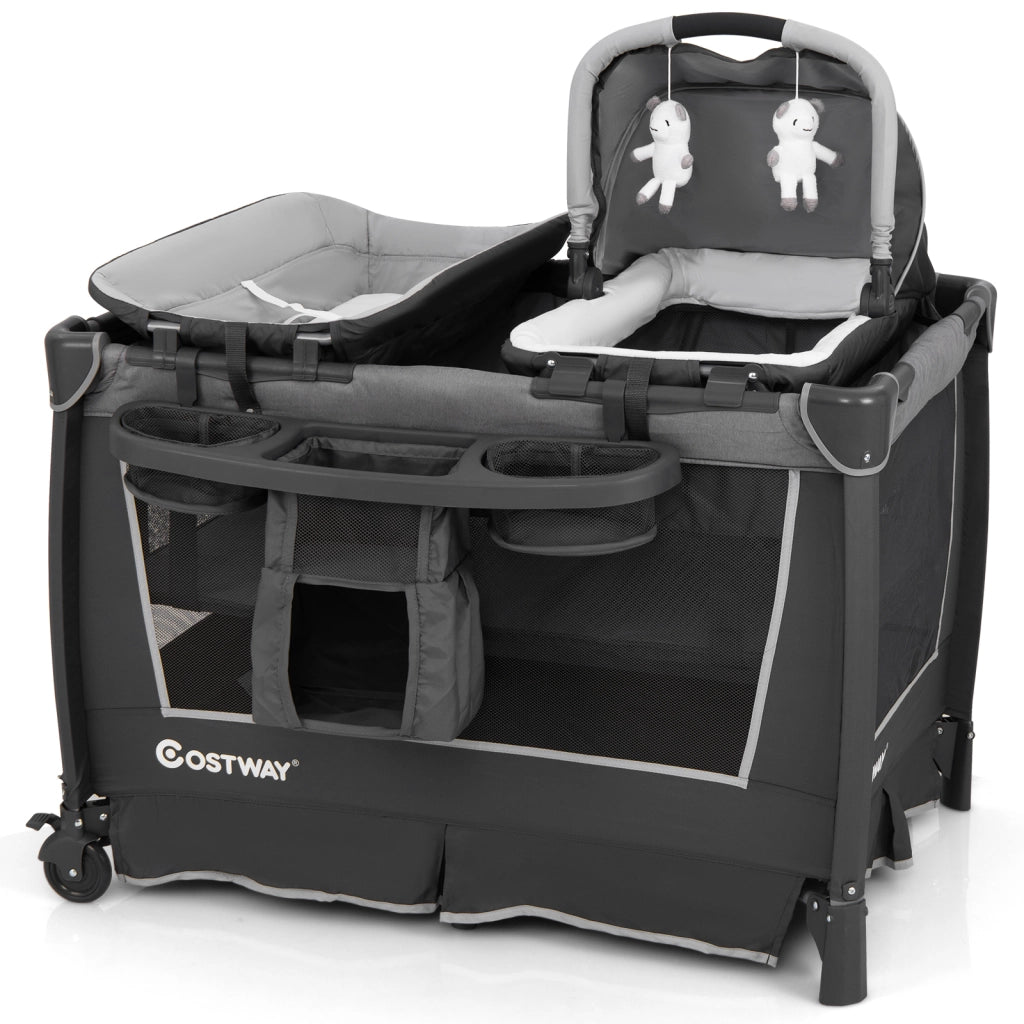 Lettino viaggio 5 in 1 pieghevole culla removibile fasciatoio materasso-Box bambini ripiano portaoggetti ruote bloccabili neonati Grigio