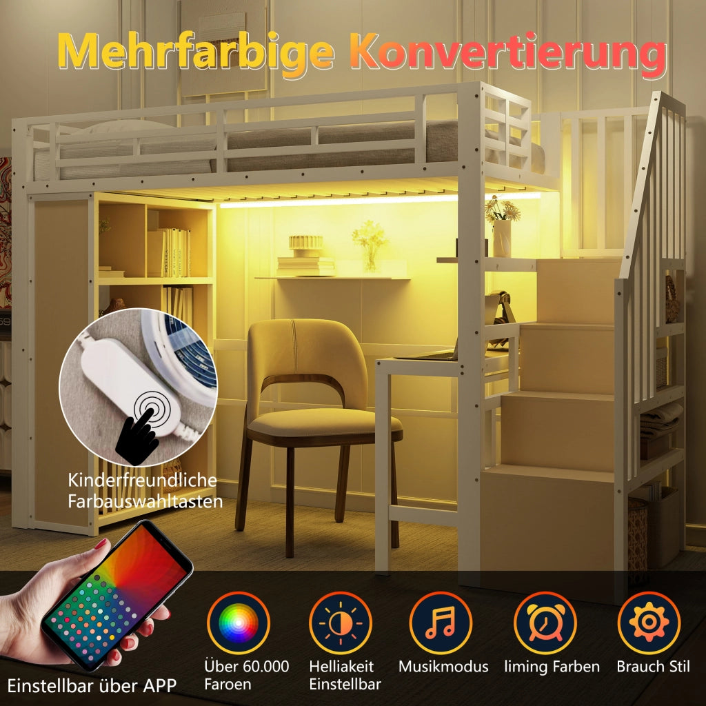 OKWISH Letto a soppalco 90×200 cm, Letto Singolo con Scrivania, Mensole, LED Regolabile e Scala con Contenitore, senza Materasso, Bianco