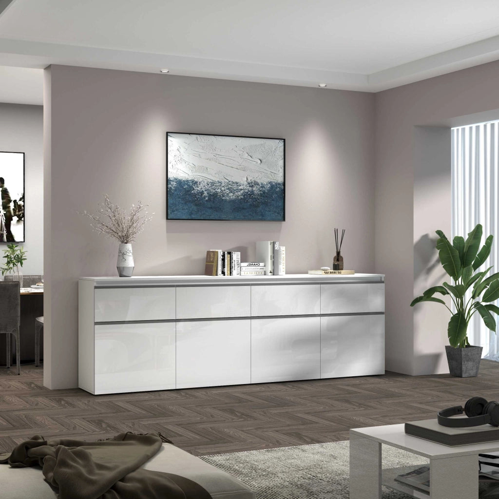 WHOUS Credenza a cassettiera Magic 4 ante e 4 cassetti bianco lucido 240x40x80 cm
