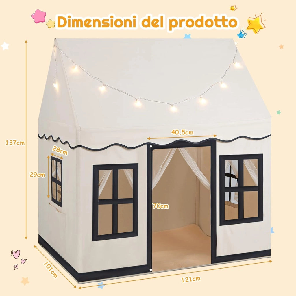 Tenda da Gioco per Bambini con Luci a Stella, Tappetino in Velluto Lavabile e Antiscivolo, Finestre e Tende a Rete, Ideale per Interni ed Esterni per Bambini 3 Anni + (Beige)