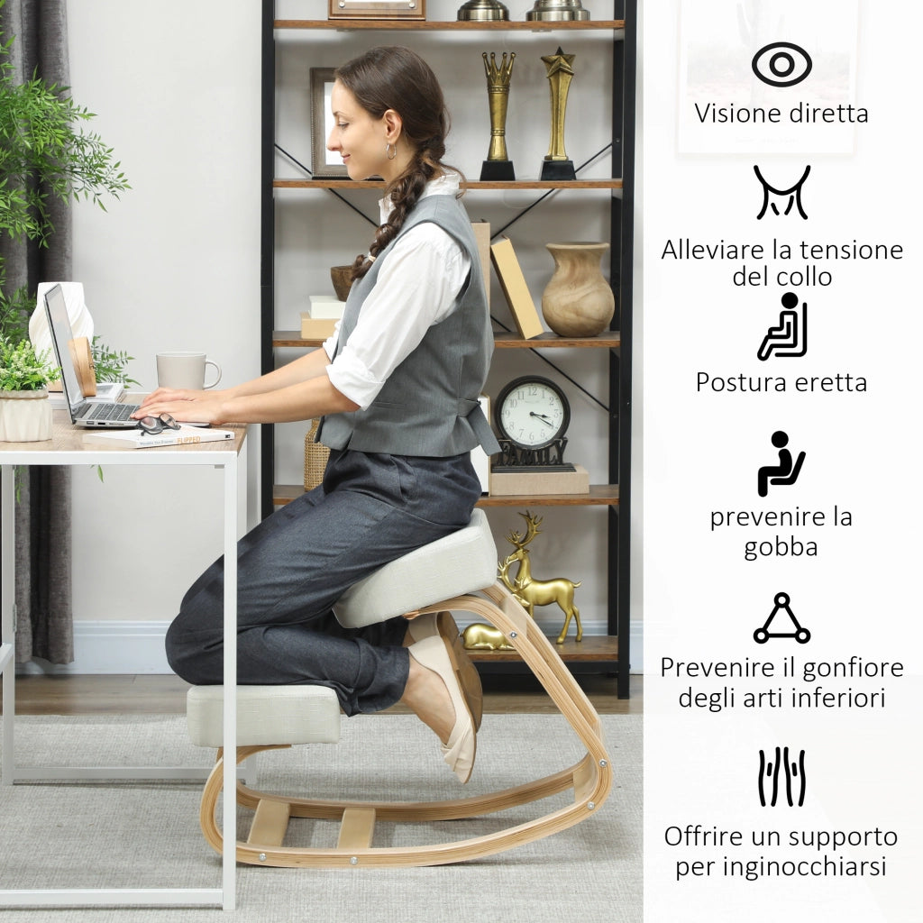 Sedia Ergonomica con Inginocchiatoio in Legno di Betulla e Cuscino, 51x69x58 cm, Crema