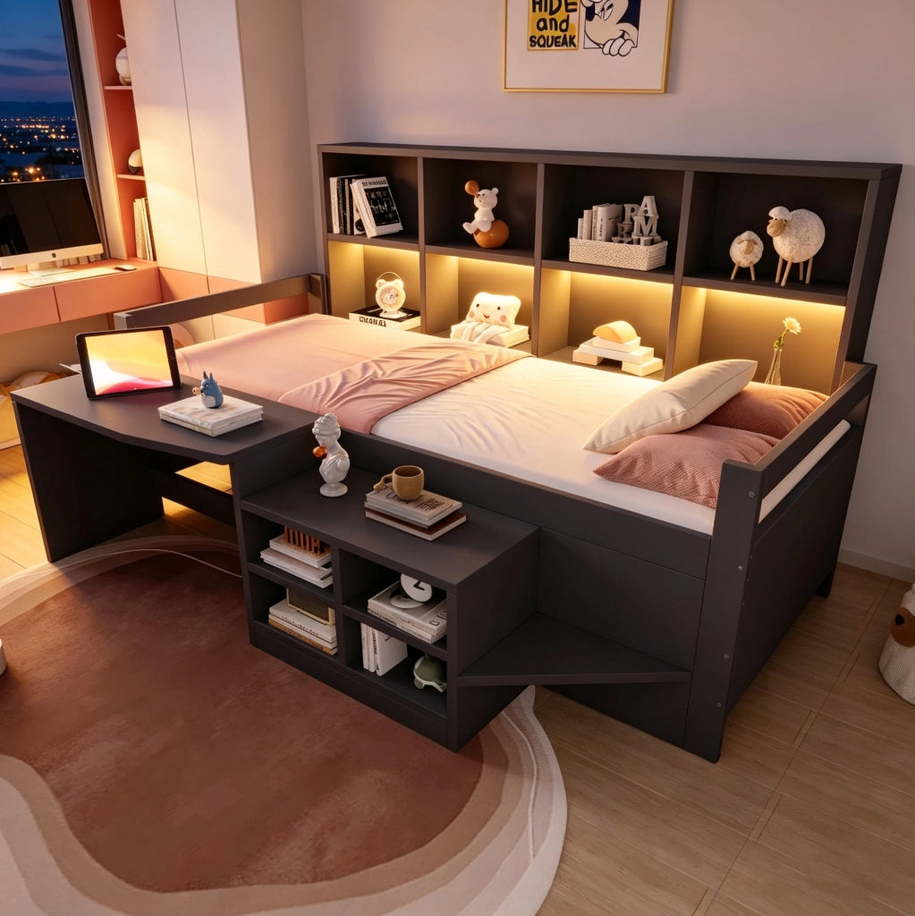 Letto a soppalco 90x200 cm con scrivania; vani portaoggetti e LED in legno e legno sintetico grigio