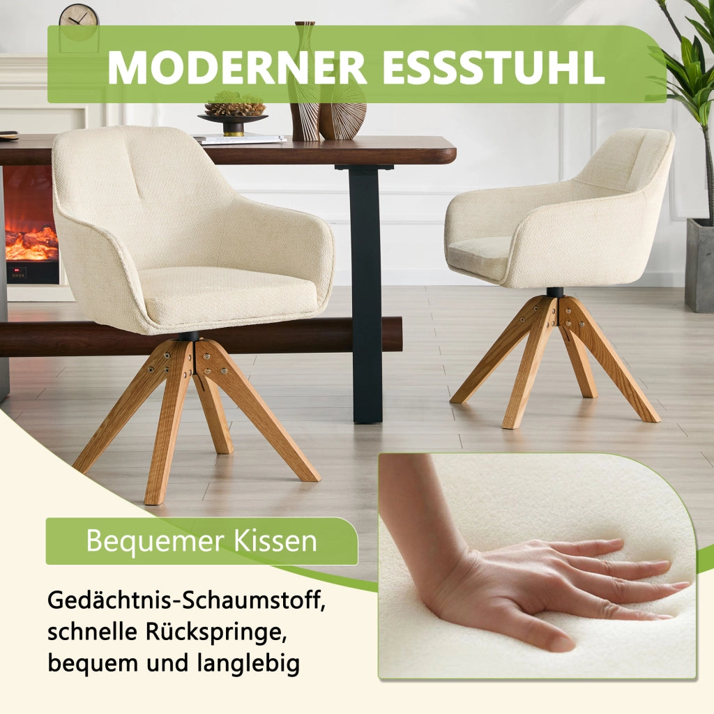 Sedia da sala da pranzo girevole con braccioli e schienale ergonomico in tessuto beige e legno di quercia