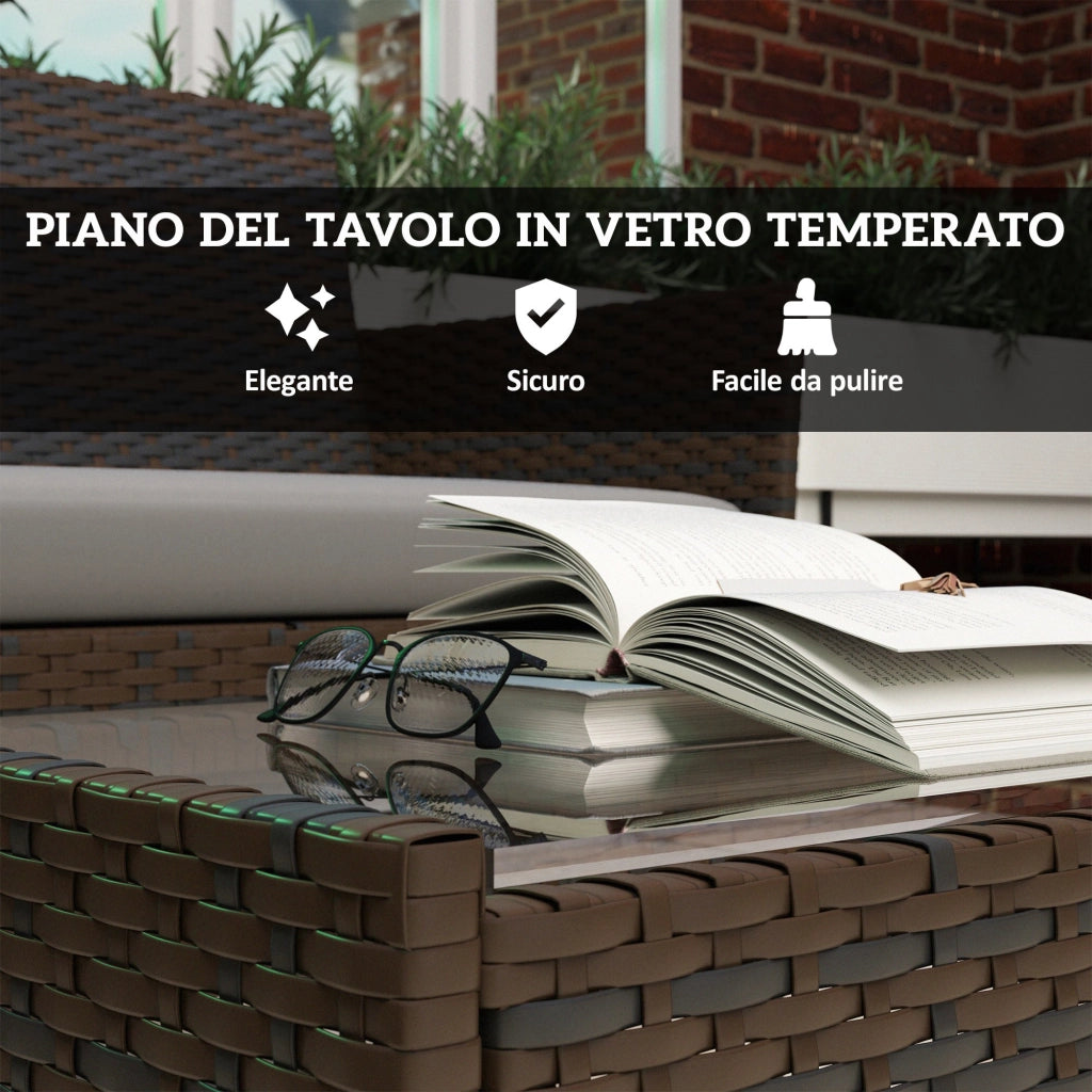 Set da Giardino con Divano 2 Posti 2 Sedie e Tavolino Basso in Rattan e Acciaio Grigio e Marrone