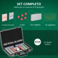 Set da Poker per 10 Giocatori con 400 Fiches, 2 Mazzi di Carte, 5 Dadi, Tappetino e Valigetta Grigia