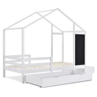 Letto per Cameretta, 6+ Anni con Lavagna e Recinzione, 2 Cassetti, Struttura in Pino 90x200 cm, Bianco