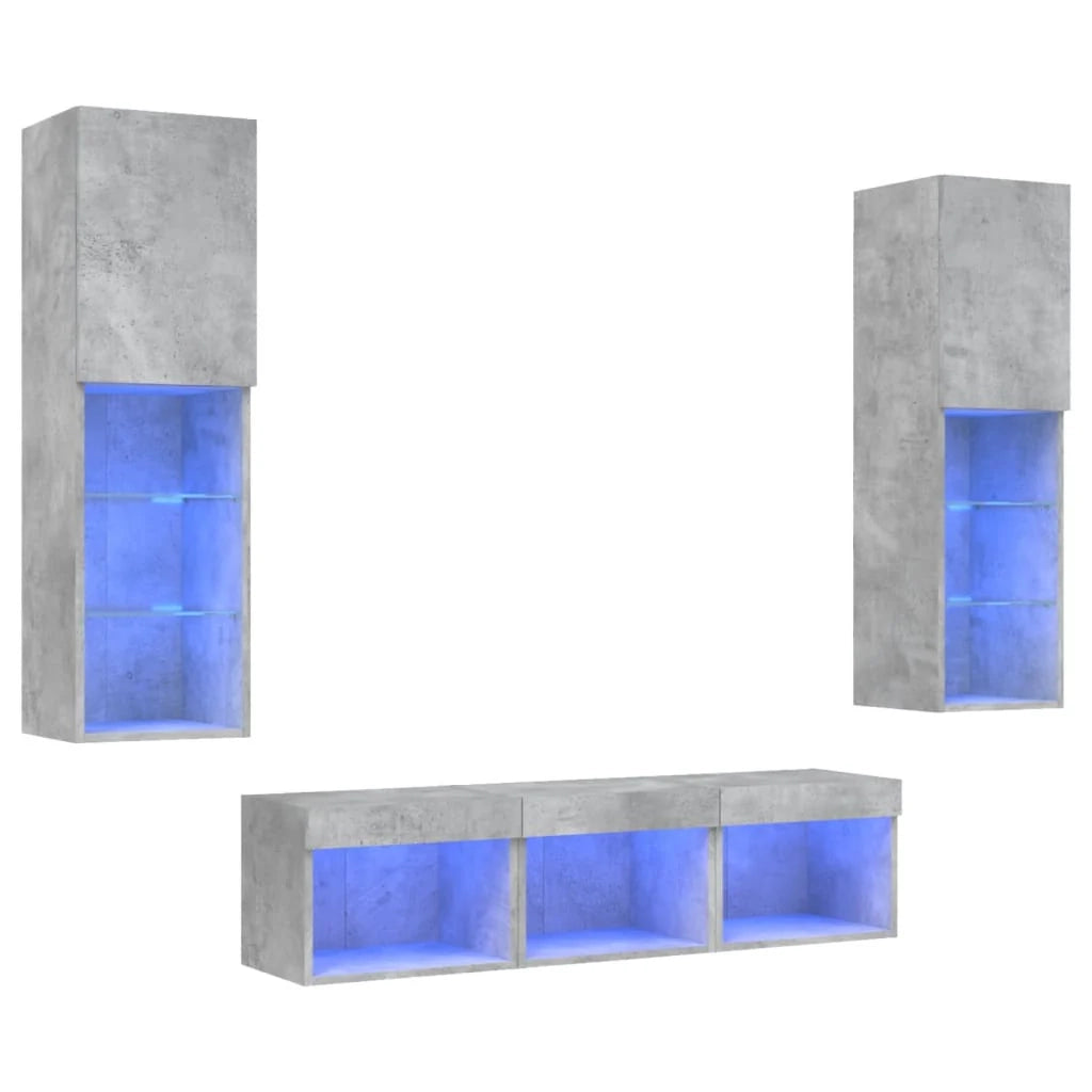 Mobile TV multimediale scaffale TV credenza mobile TV sala da pranzo soggiorno camera da letto con illuminazione a LED 5 pezzi legno ingegnerizzato grigio 02_0029386