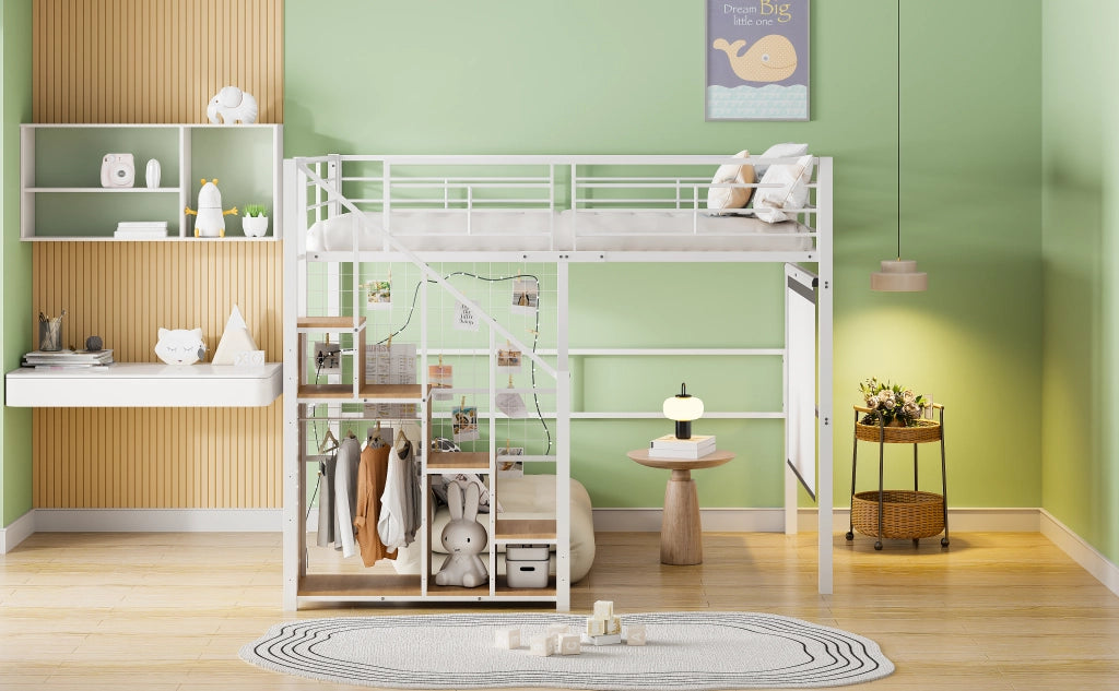 LETTO A CASTELLO 140x200 cm con scala, metallo bianco, per ragazzi e bambini