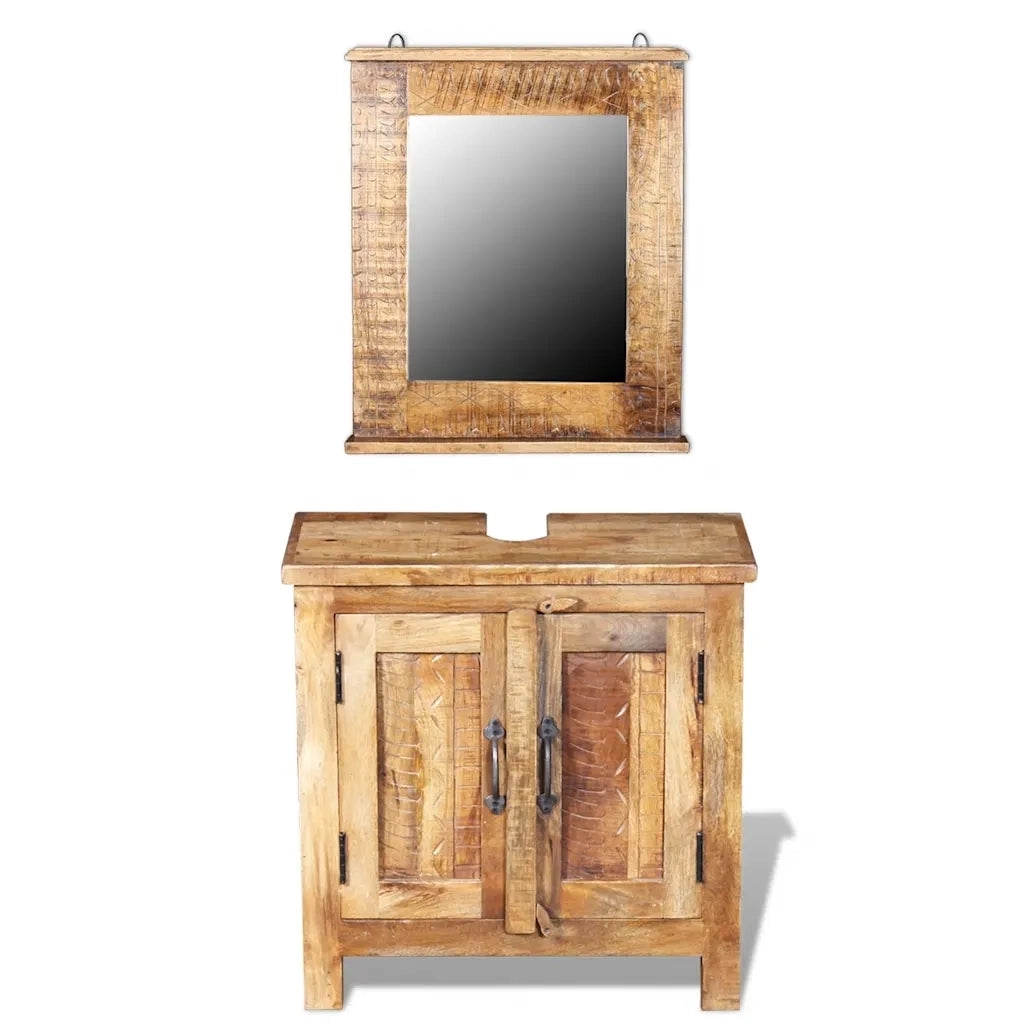 Armadietto da Bagno con Specchio-Mobile bagno con specchio in Legno Massello di Mango