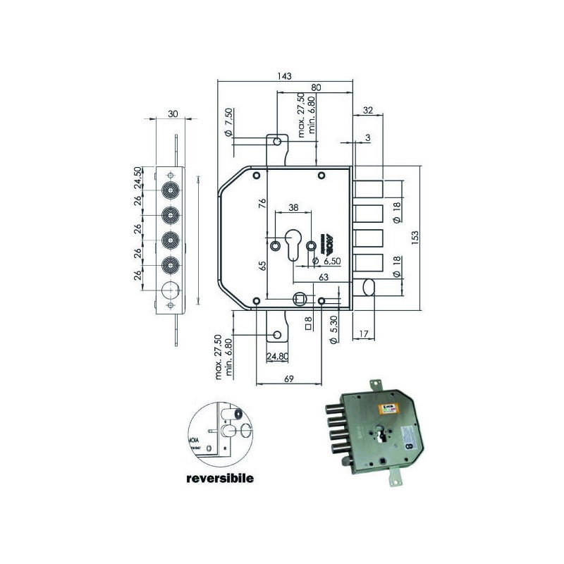 Serratura Sic.Triplice Dx Cil. E63 Ap954+9 Moia