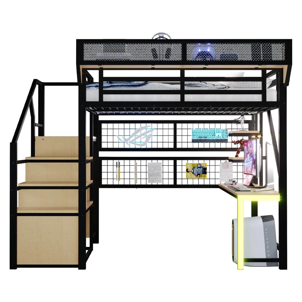 Letto a soppalco in metallo 140 x 200 cm con scrivania, scaffali, rete portaoggetti, scala di sicurezza, LED e presa, nero