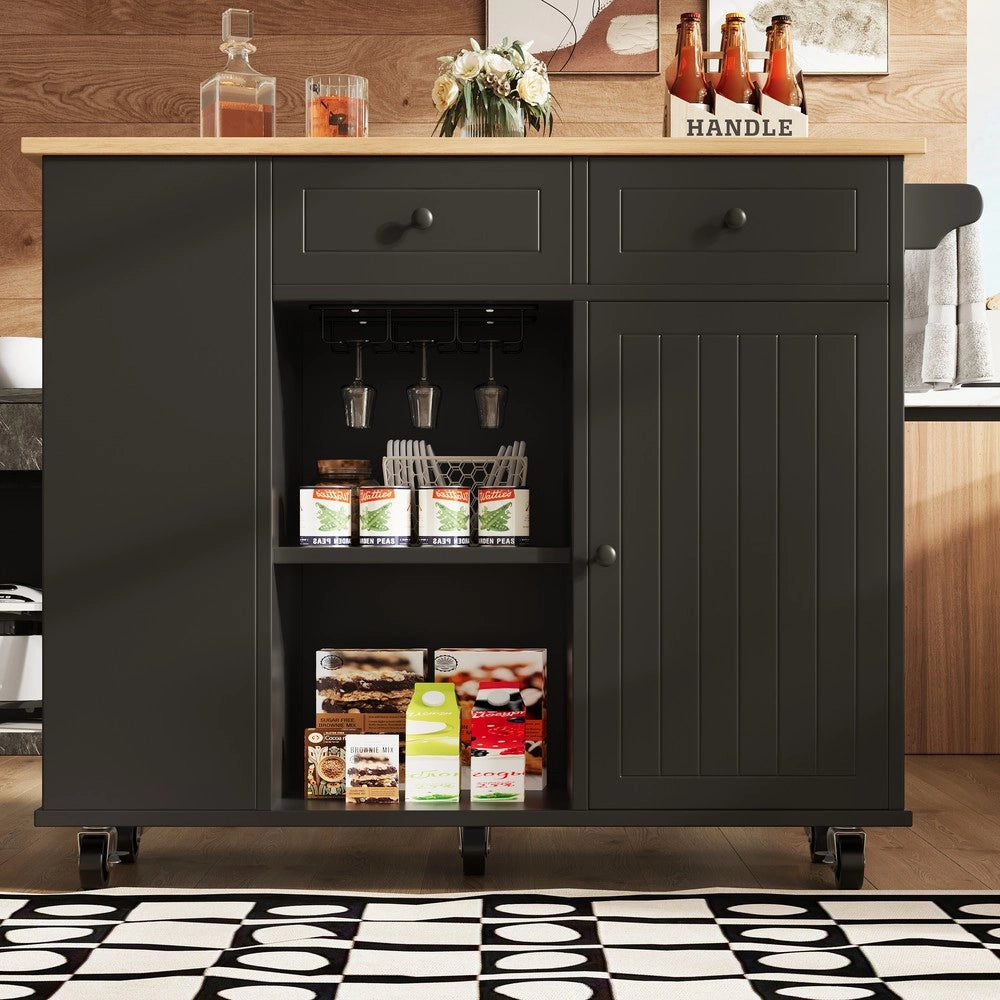 Isola Cucina con Ripiani e Portabottiglie ¨C Xylo ¨C Nero, Piano in Legno