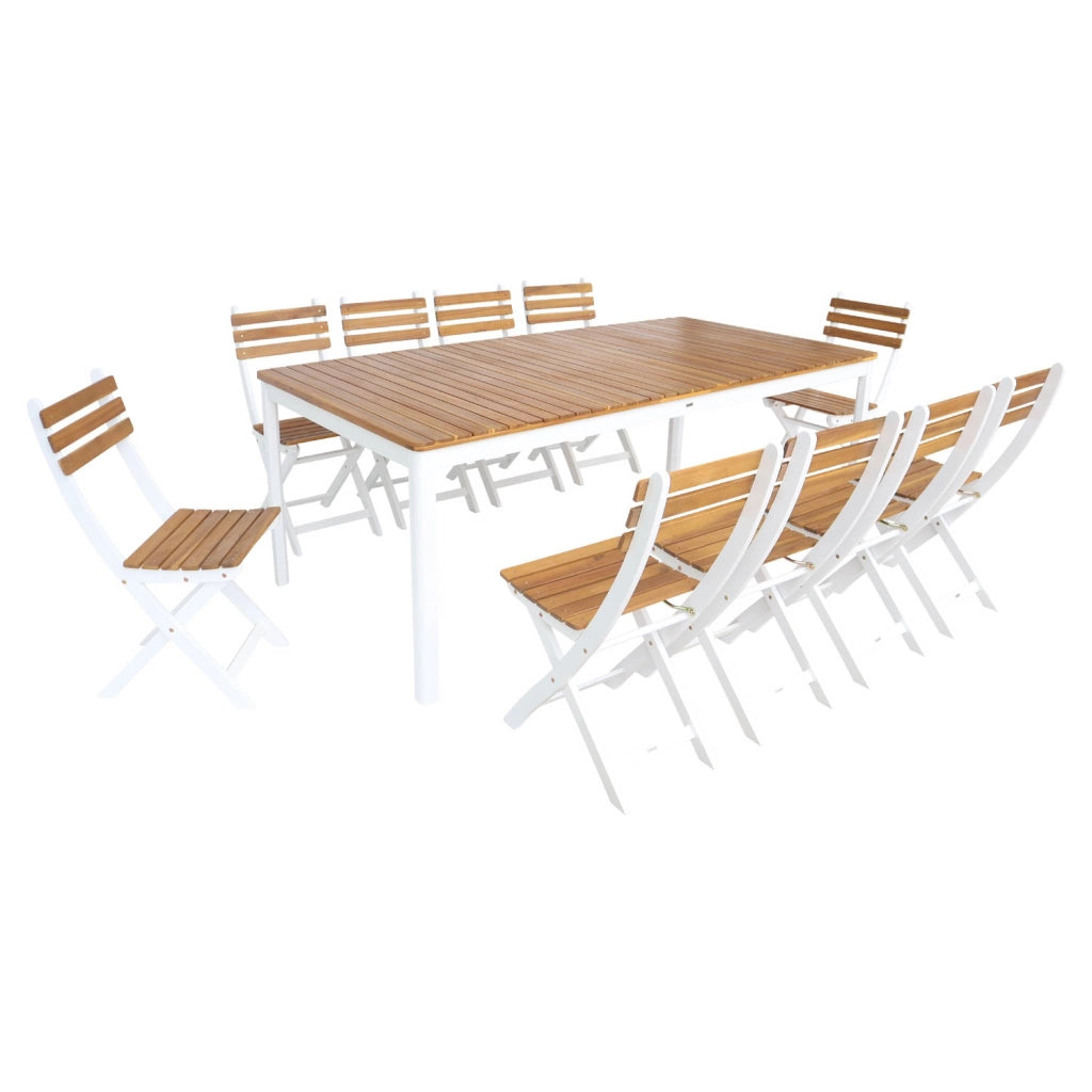 Set tavolo da giardino in acacia con angoli arrotondati con 10 sedie,