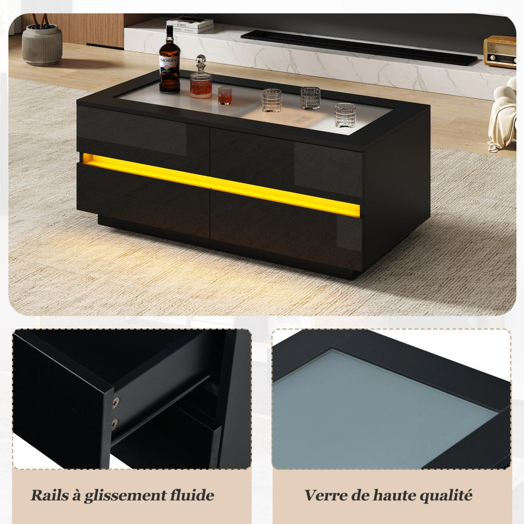Tavolino da caffè con 4 cassetti e illuminazione LED; piano in vetro temperato; in truciolare nero; 100 × 50 × 40 cm