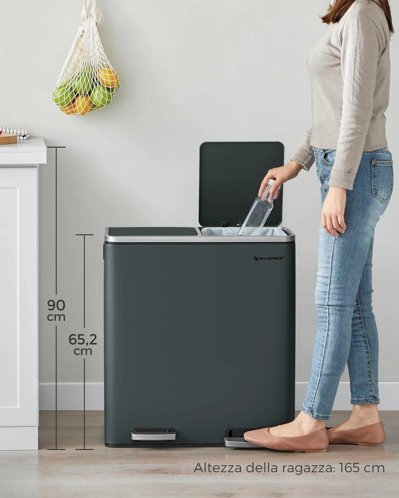Pattumiera a 2 Scomparti, con 2 x 30L Secchi Interni per Spazzatura Differenziata, 15 Sacchi della Spazzatura, Pedali e Coperchi a Cerniera, Chiusura Morbida, Grigio Verdastro LTB60GS
