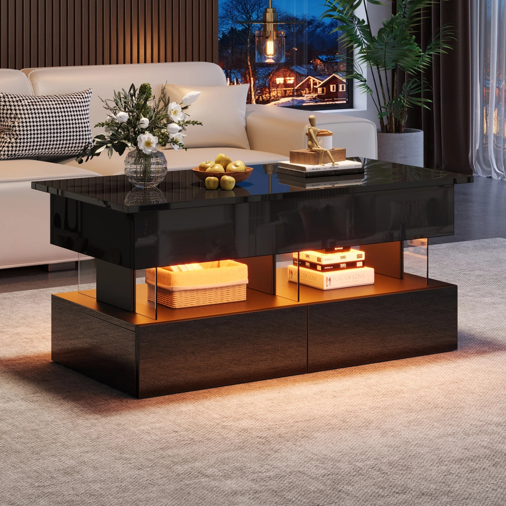 Tavolino basso sollevabile con 2 cassetti, vano contenitore e LED, in MDF, per soggiorno, nero, 100 × 50 × 46 cm