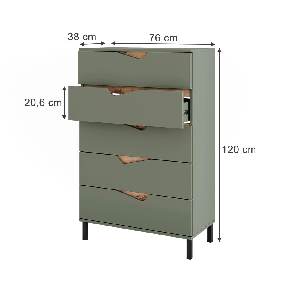 Vicco Cassettiera per camera da letto Verde/Artigianale 76 x 120 cm con 5 cassetti