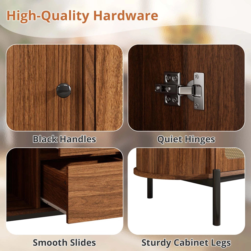 Credenza ovale con ante scorrevoli, 3 cassetti e ripiani regolabili per soggiorno, in MDF, noce, 140 × 38 × 77,5 cm